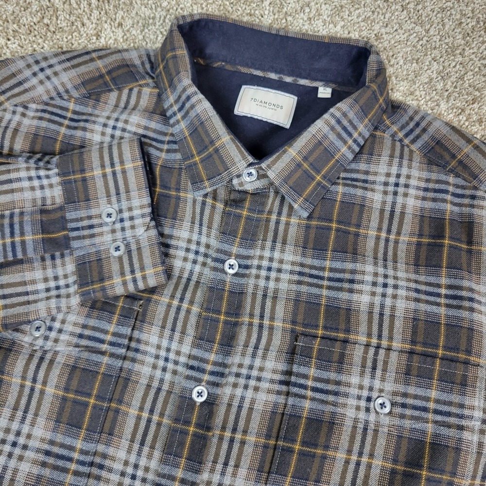 7 Diamonds Mens XL Brown Plaid Button Up Long Sleeve Flannel Workshirt
